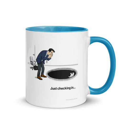 sales humor mug with blue handle featuring the Approval Black Hole cartoon