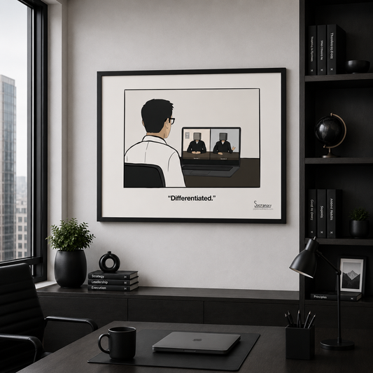 Enterprise sales cartoon poster displayed in an executive office workspace for account executives and sales leaders