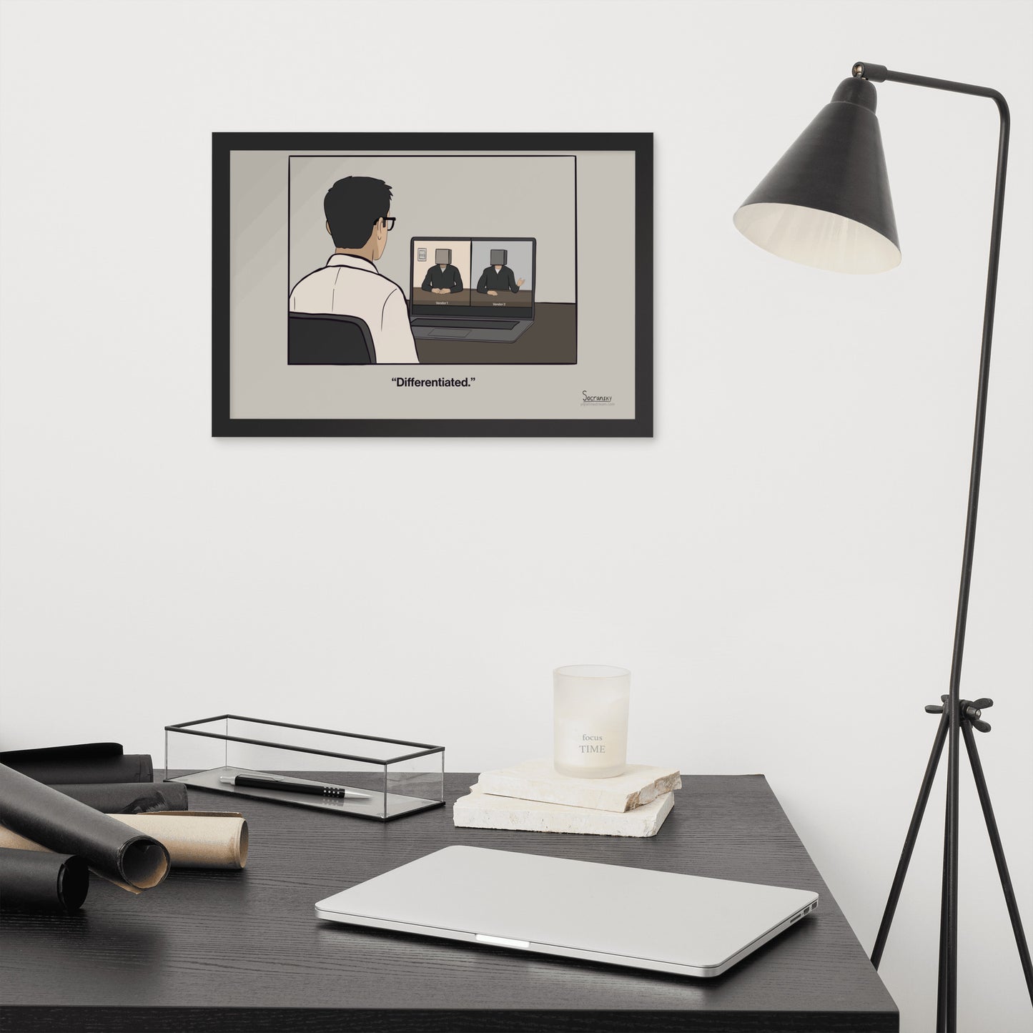 Modern office mockup featuring framed enterprise sales cartoon about identical SaaS vendor positioning