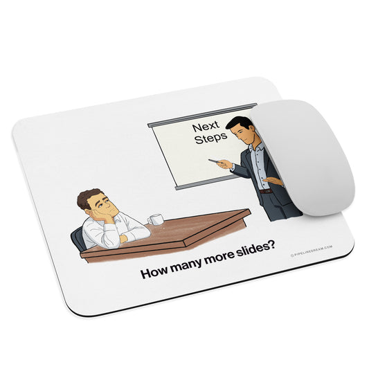 sales humor mouse pad featuring “Next Steps” cartoon angled with computer mouse