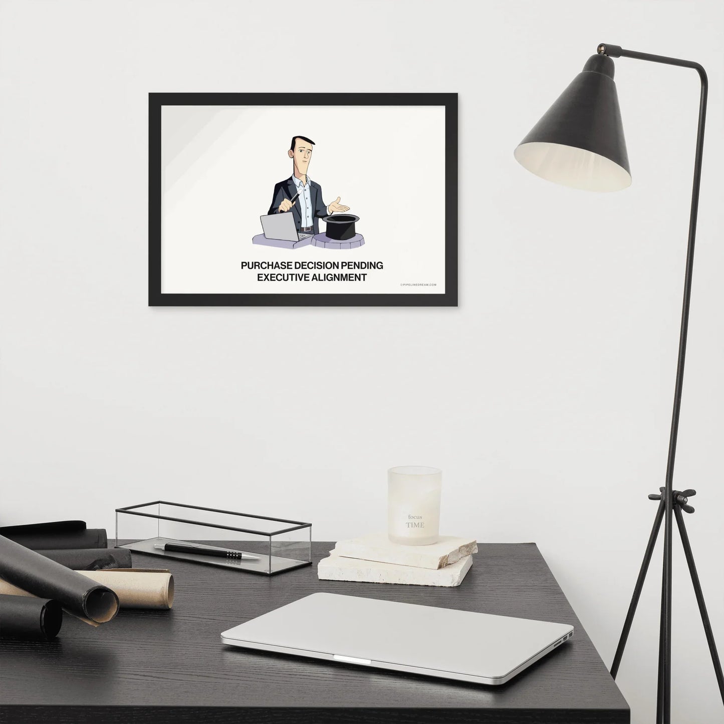 Sales cartoon poster executive alignment displayed in desk workspace with lamp and office setup