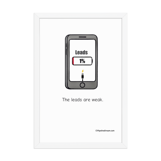 Funny sales poster “The Leads Are Weak” in white frame — product view — Pipeline Dream