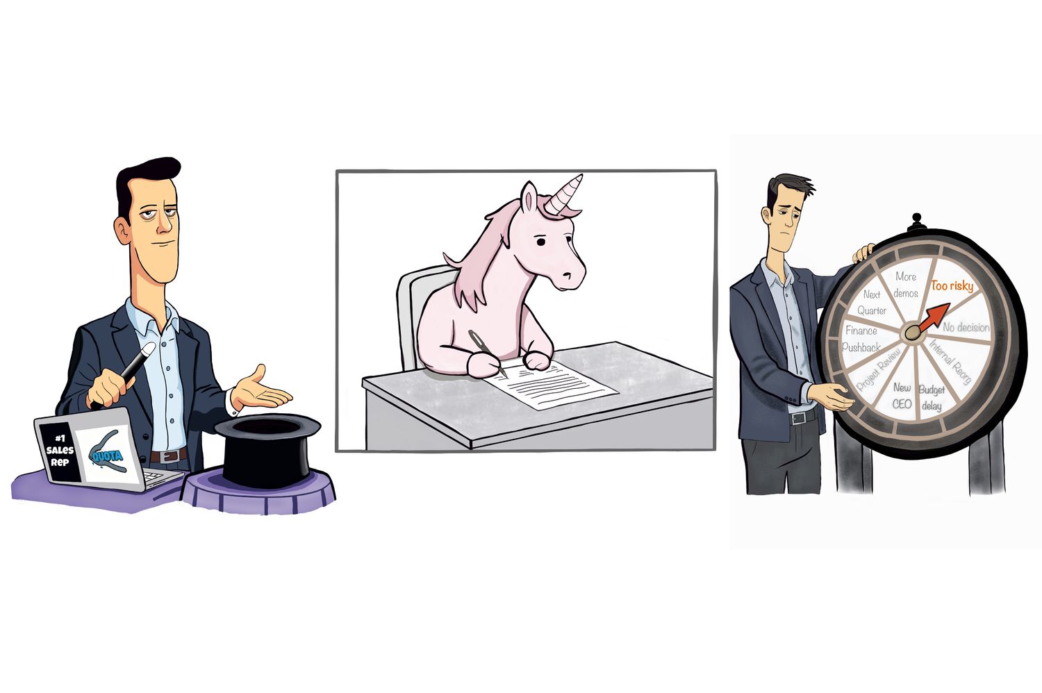 Sales humor cartoons illustrating buyer inertia, stalled deals, and long sales cycles