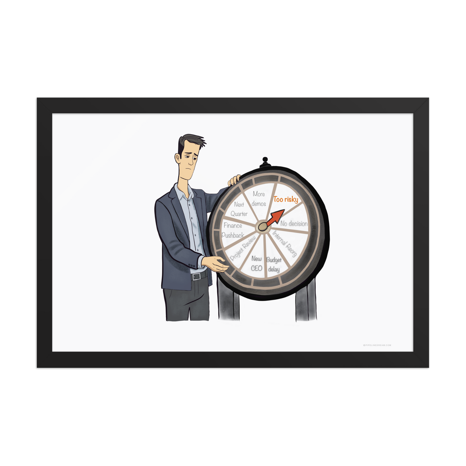 Buyer Bingo cartoon showing a sales rep holding a wheel of common buyer excuses