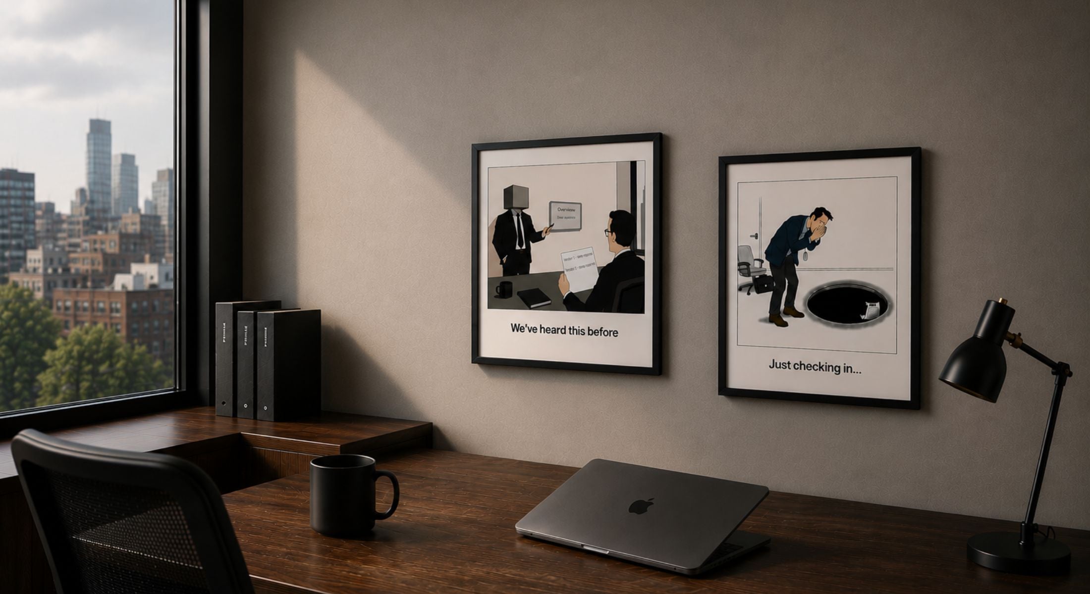 Modern office desk with framed posters from Pipeline Dream