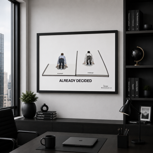 Already Decided sales cartoon framed poster displayed in a modern executive office