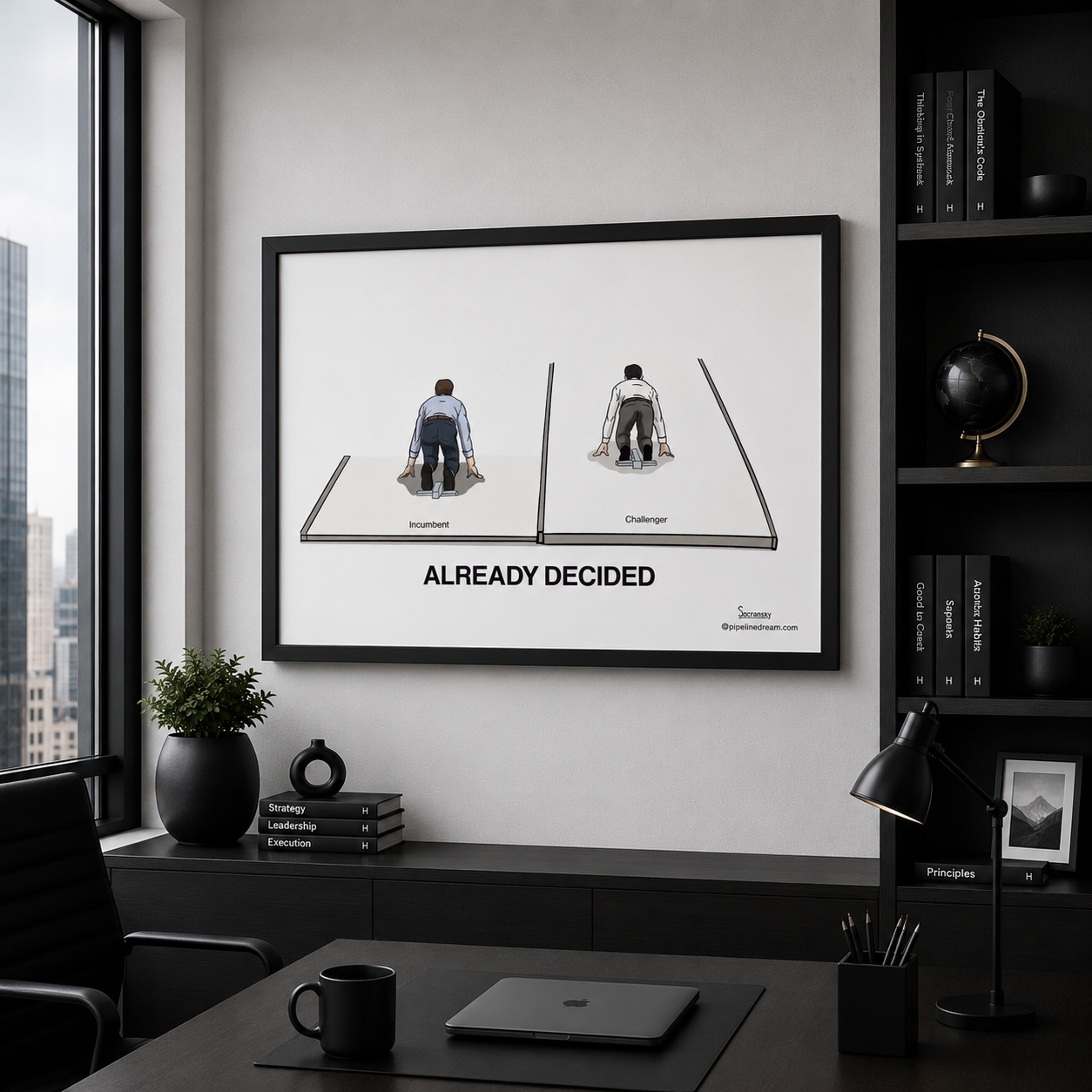 Already Decided sales cartoon framed poster displayed in a modern executive office