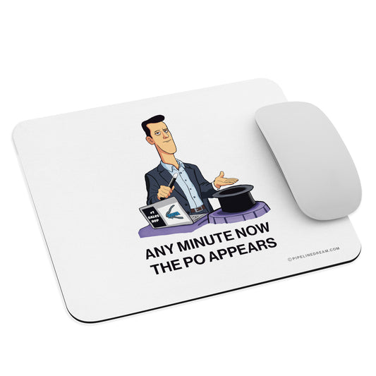 Sales humor mouse pad angled view showing smooth surface and cartoon artwork