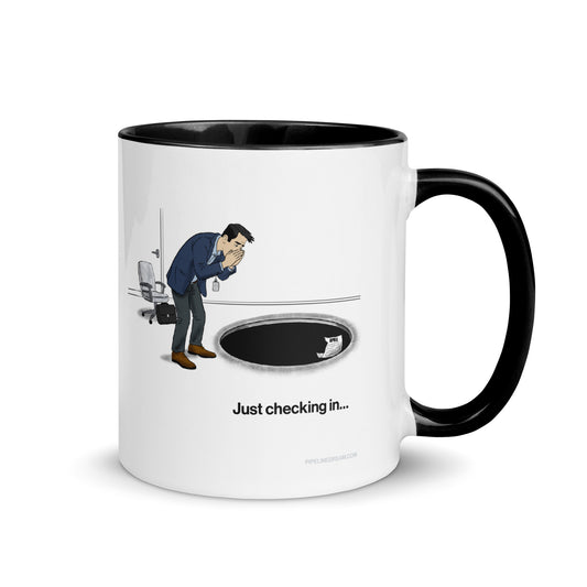 sales humor mug featuring the Approval Black Hole cartoon on a white background