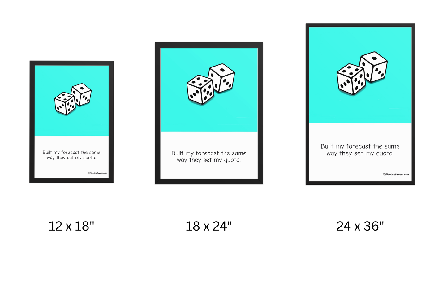 funny sales poster with “Built My Forecast” cartoon — size comparison of all 3 poster sizes — Pipeline Dream