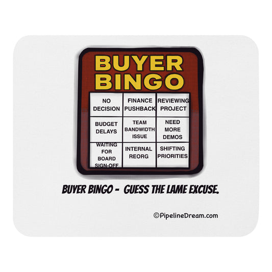 funny sales mouse pad featuring “Buyer Bingo” cartoon top-down view