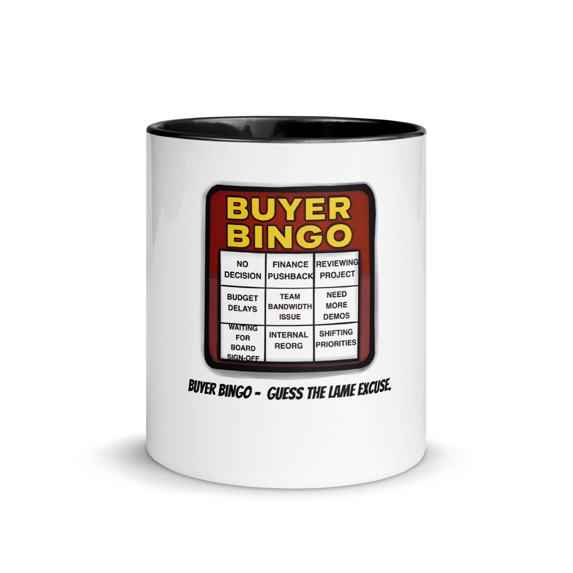funny “Buyer Bingo” sales mug with excuses cartoon on white background