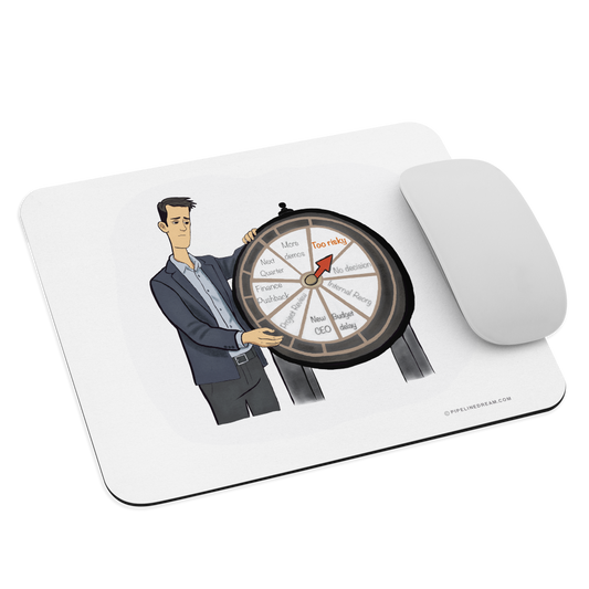 sales humor mouse pad with “Buyer Bingo” cartoon angled with mouse