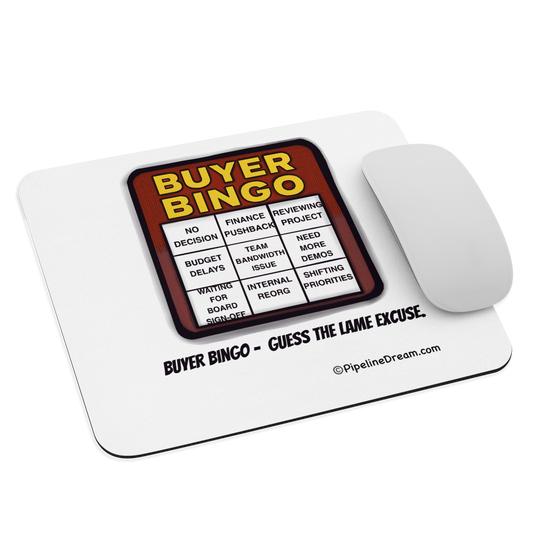 funny “Buyer Bingo” cartoon mouse pad angled view with mouse