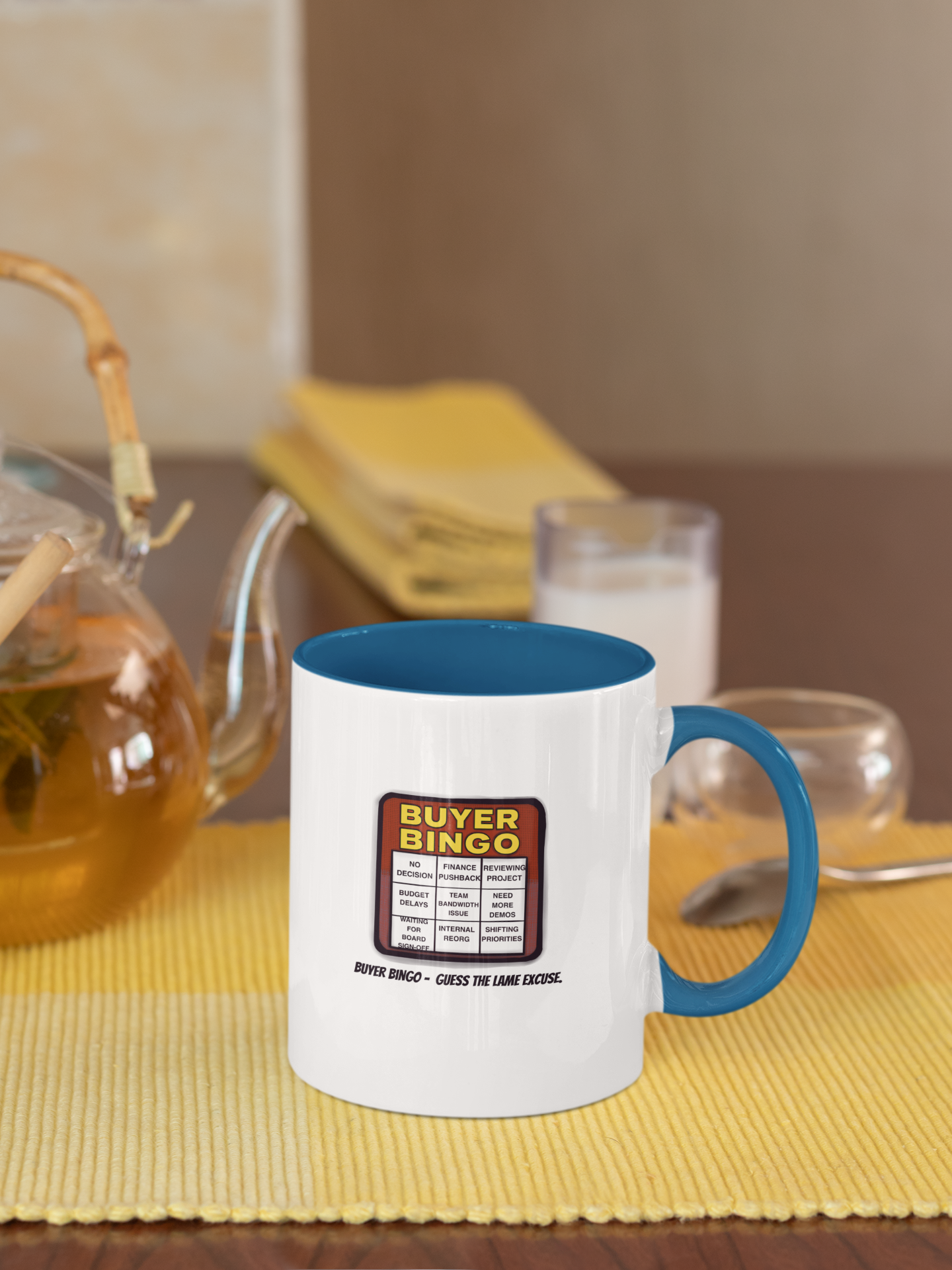 funny sales mug featuring “Buyer Bingo” cartoon shown on counter