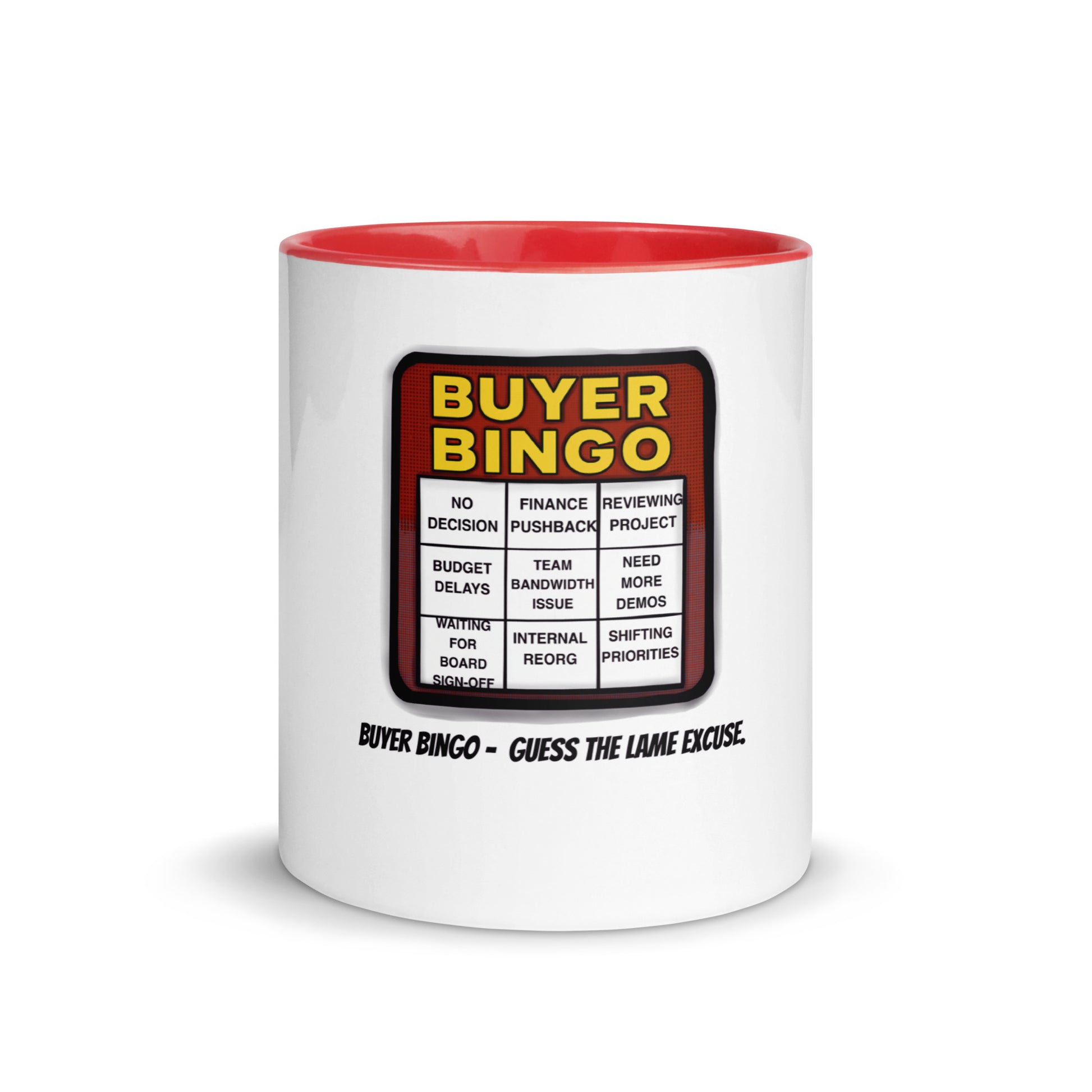 funny “Buyer Bingo” sales mug with red interior showing excuses cartoon