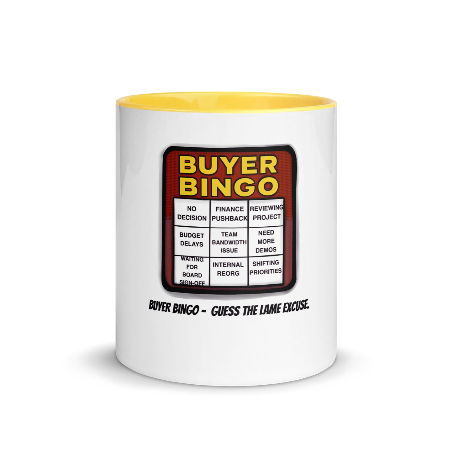 funny “Buyer Bingo” sales mug with yellow interior showing excuses cartoon