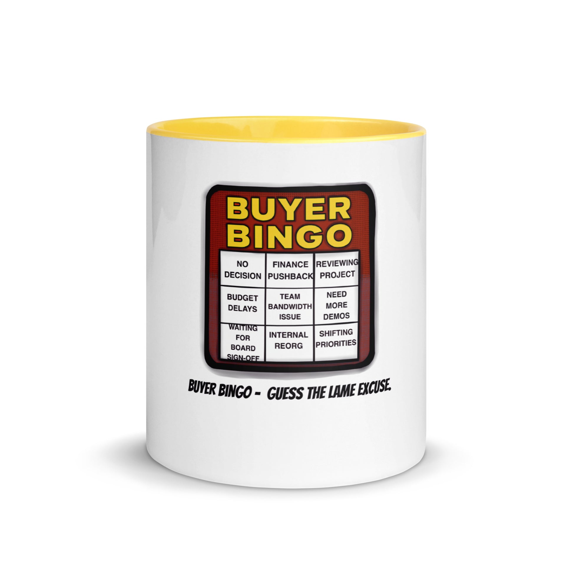 funny “Buyer Bingo” sales mug with yellow interior showing excuses cartoon