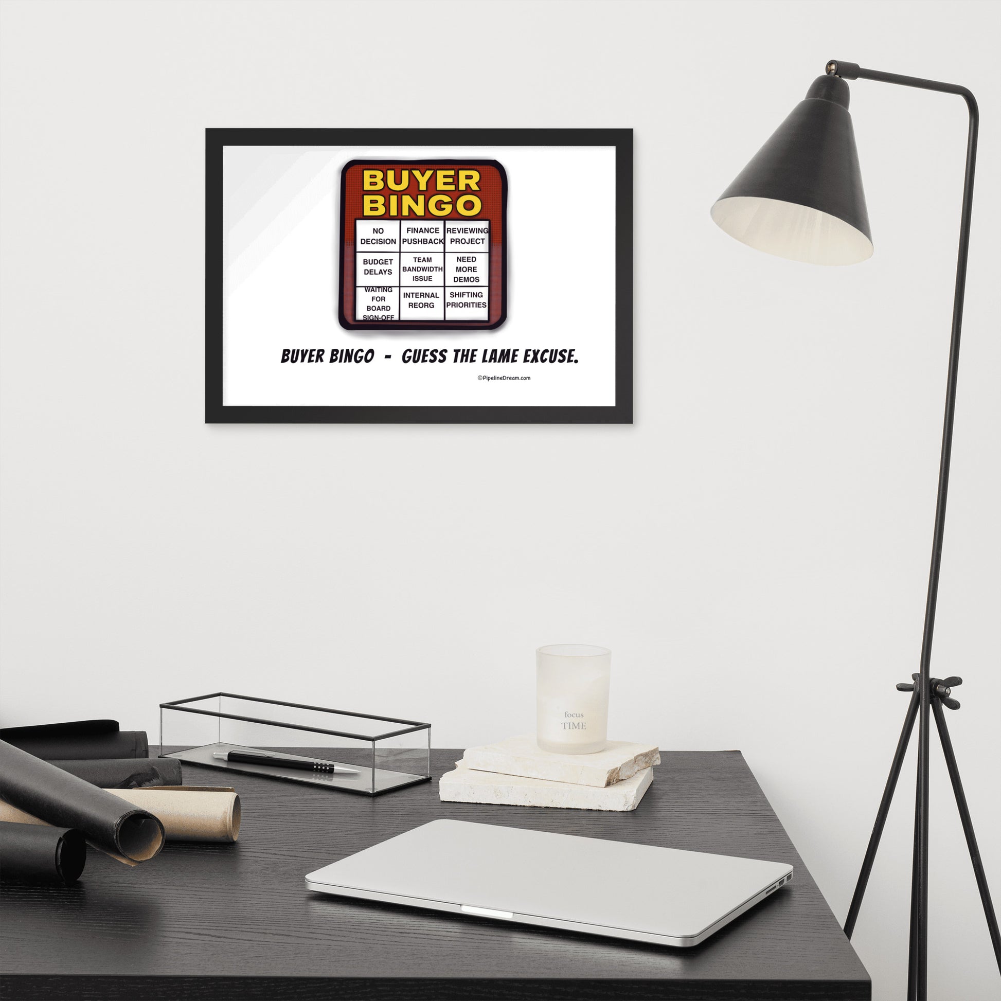 funny sales poster with “Buyer Bingo” cartoon - shown in modern workspace - Pipeline Dream