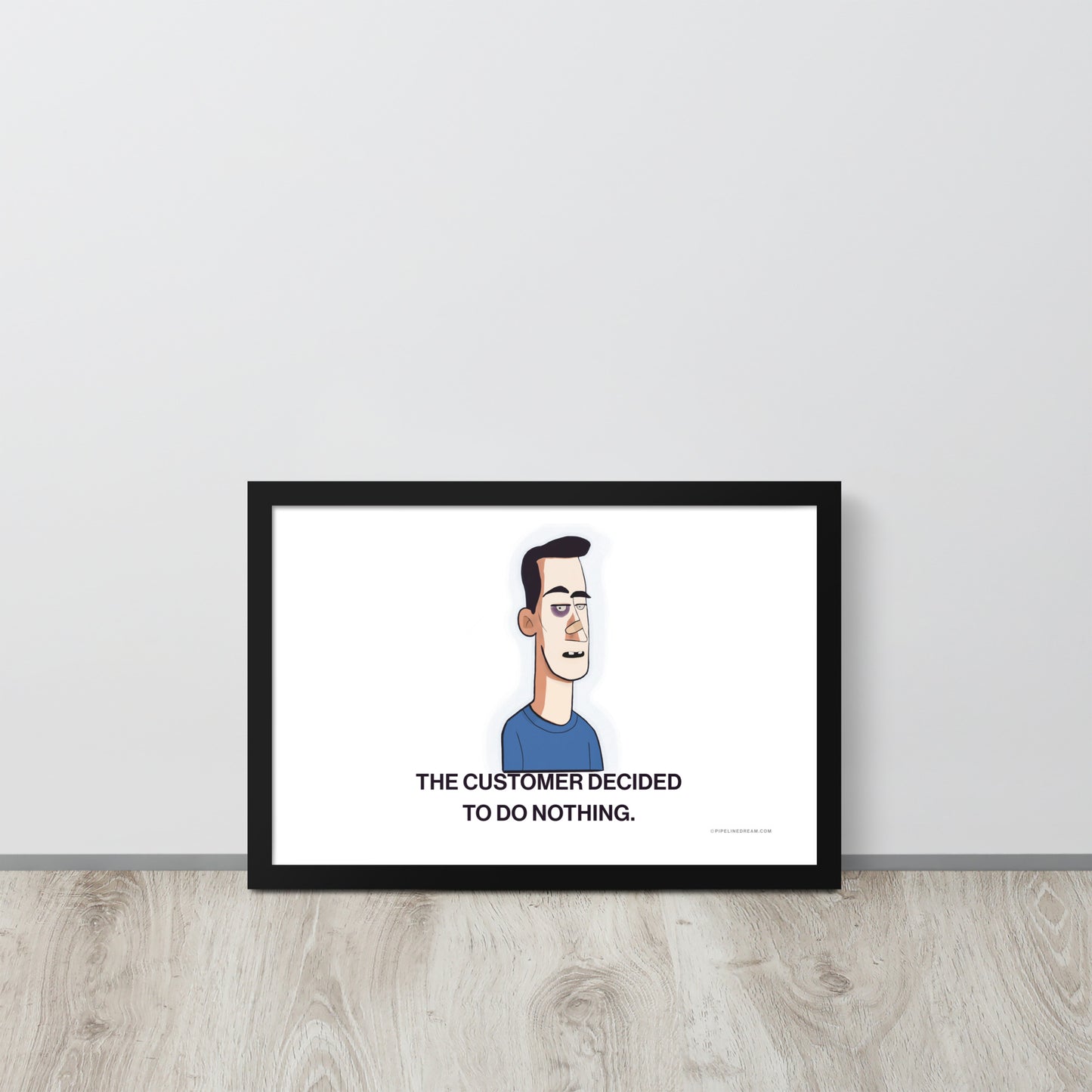 Humorous sales wall art leaning against a wall in a casual interior setting.