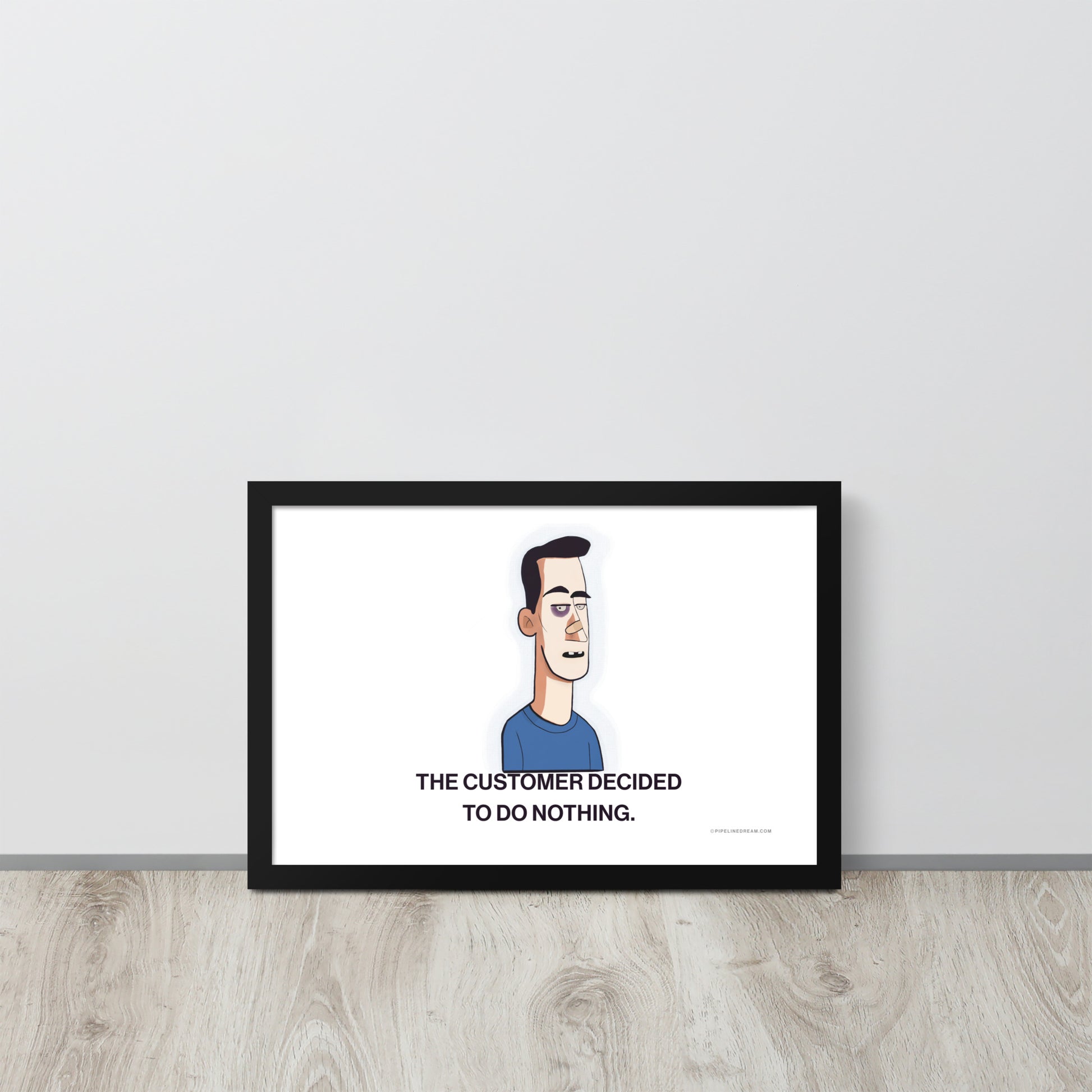 Humorous sales wall art leaning against a wall in a casual interior setting.