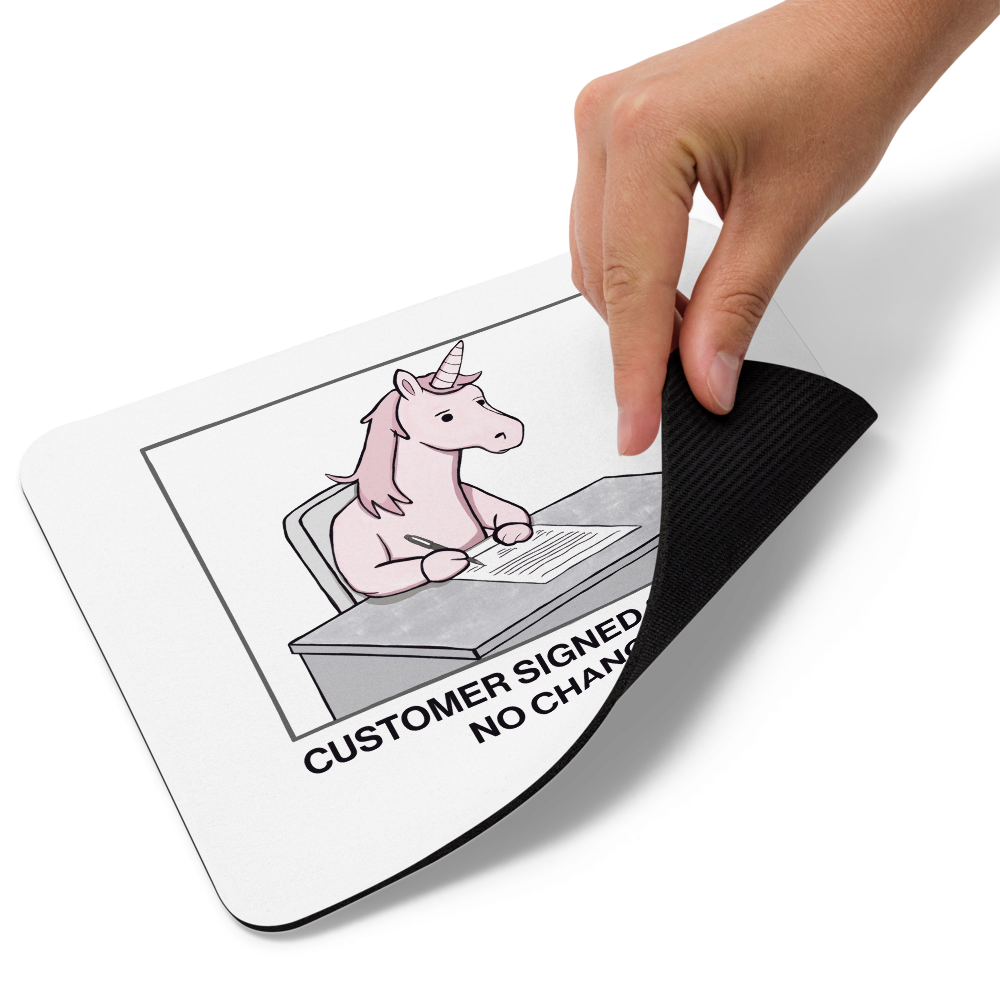 Close-up of the flexible rubber base on a sales humor mouse pad designed for professional office desks — Pipeline Dream