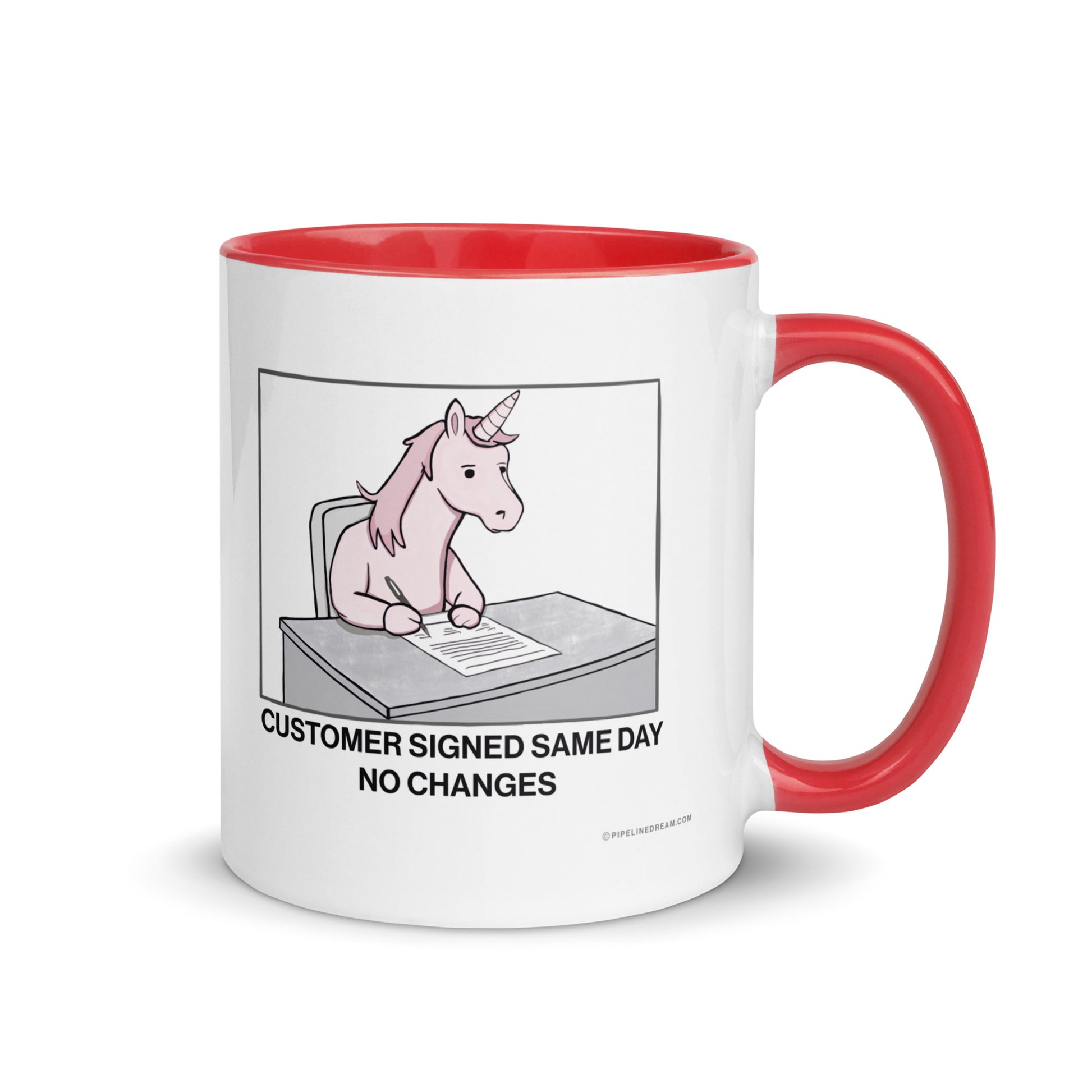 Red handle sales humor mug illustrating rare same-day customer approval with no legal changes