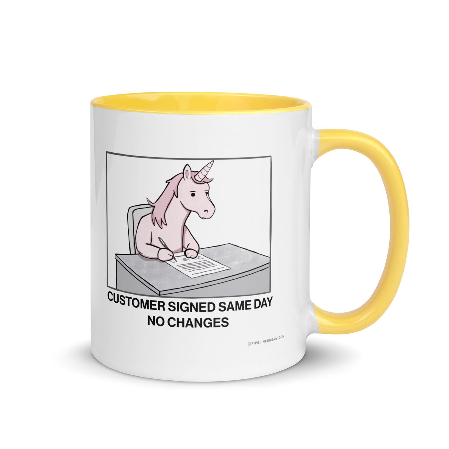 Yellow handle sales humor mug featuring unicorn customer signing contract same day without redlines