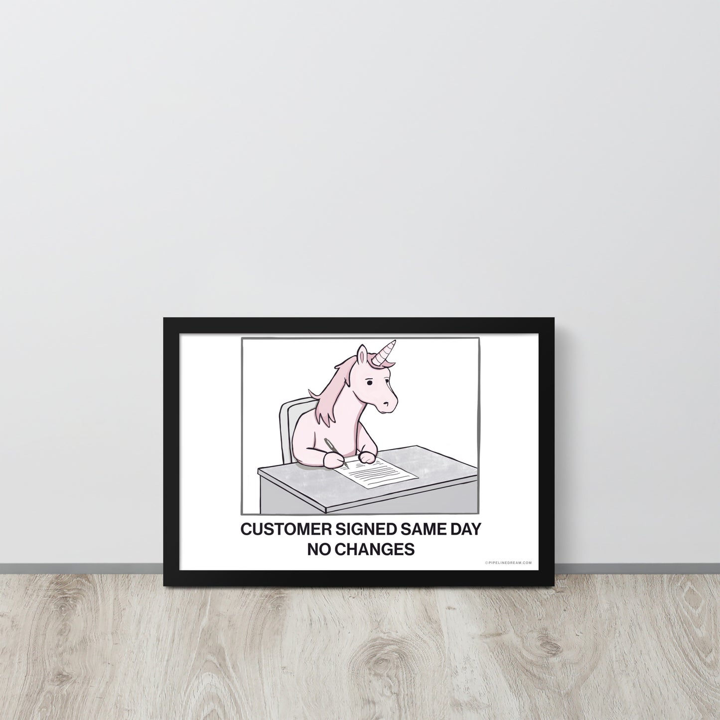 Sales wall art showing a unicorn signing a contract, symbolizing fast customer approval without legal changes – Pipeline Dream