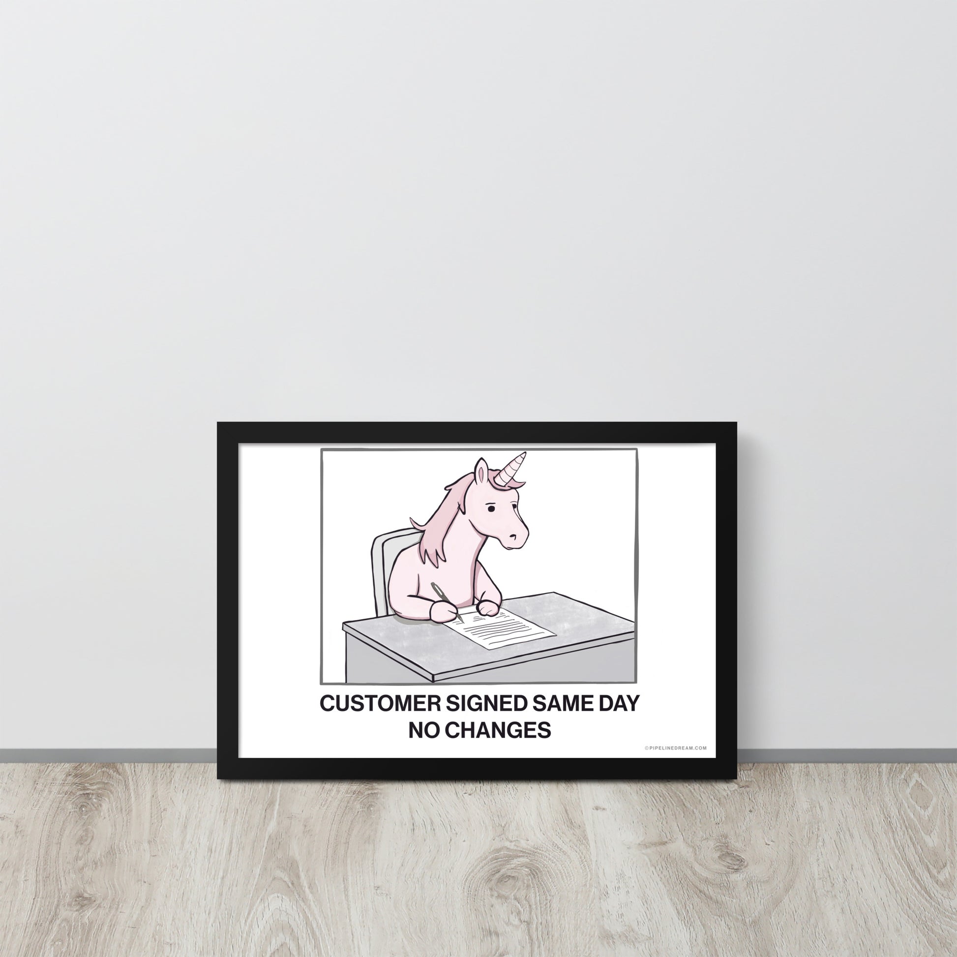 Sales wall art showing a unicorn signing a contract, symbolizing fast customer approval without legal changes – Pipeline Dream