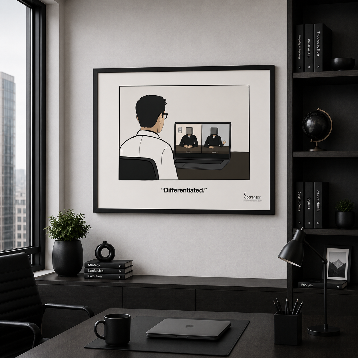 Enterprise sales cartoon poster displayed in an executive office workspace for account executives and sales leaders
