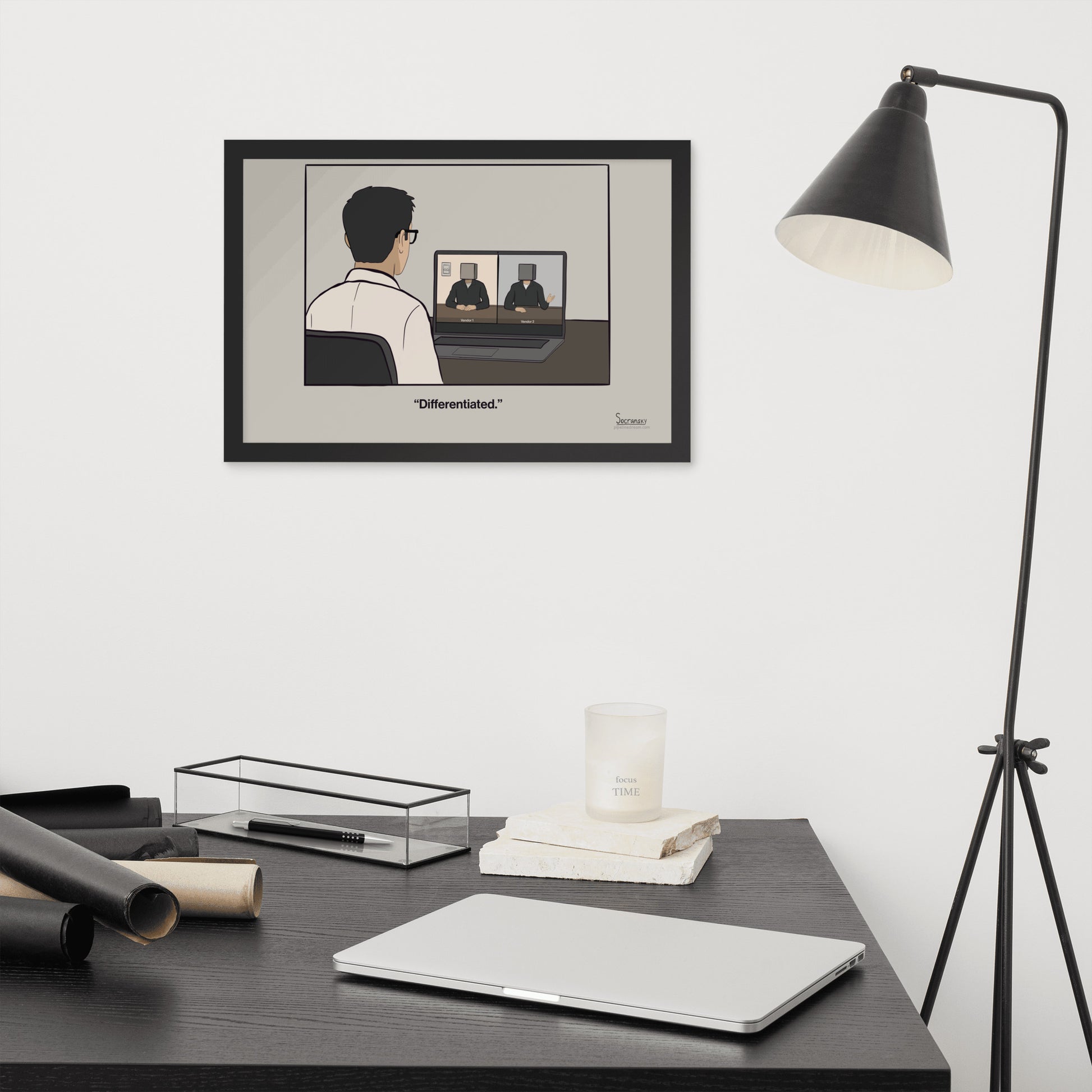 Modern office mockup featuring framed enterprise sales cartoon about identical SaaS vendor positioning