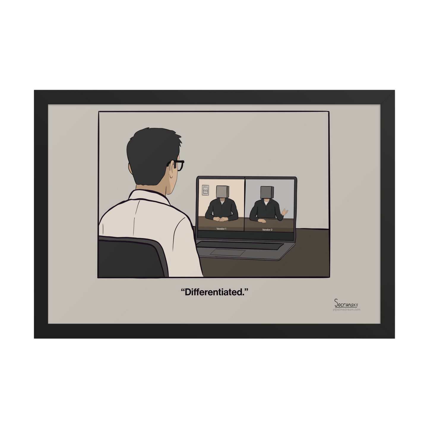 Differentiated enterprise sales cartoon poster showing two nearly identical SaaS vendors during a competitive vendor evaluation