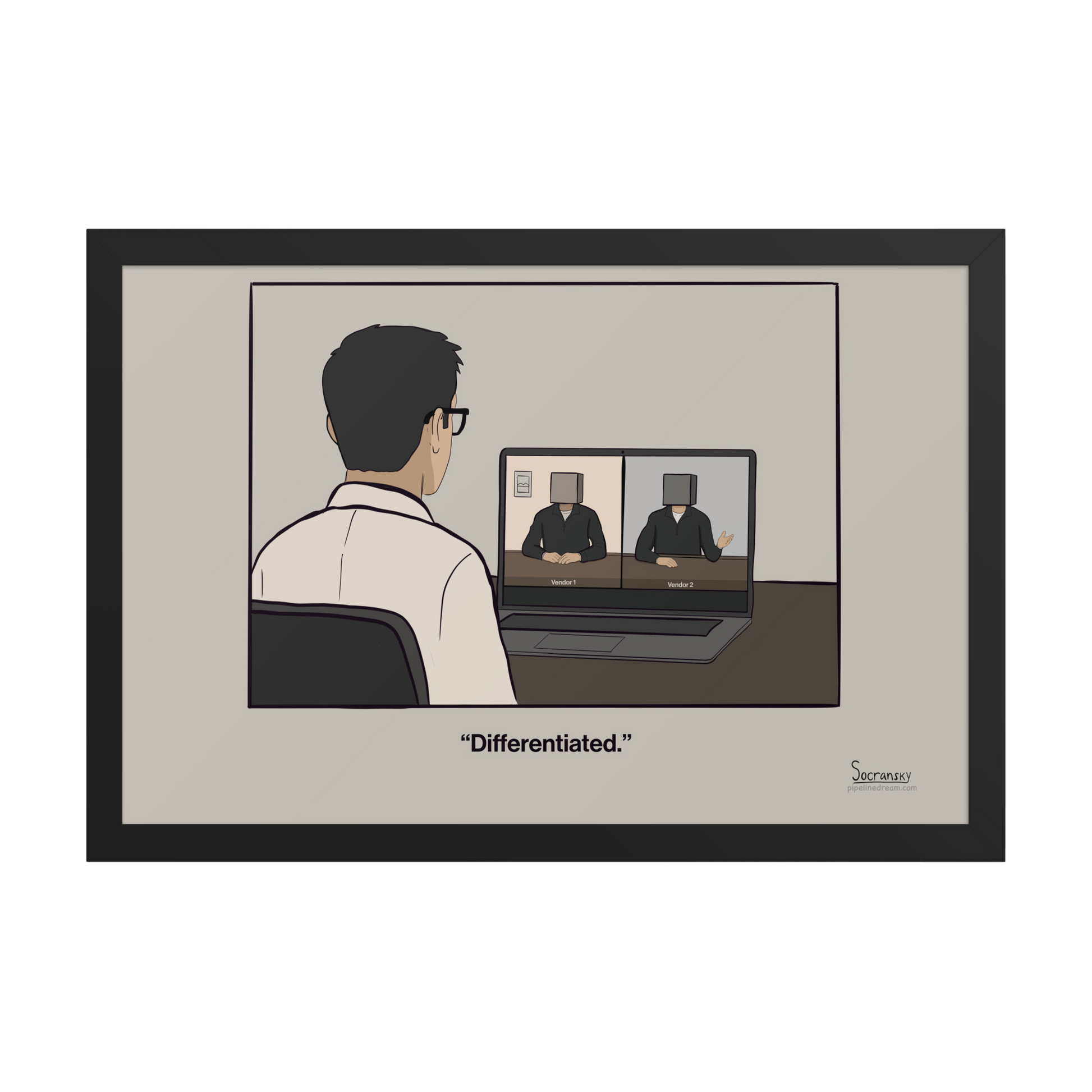 Differentiated enterprise sales cartoon poster showing two nearly identical SaaS vendors during a competitive vendor evaluation