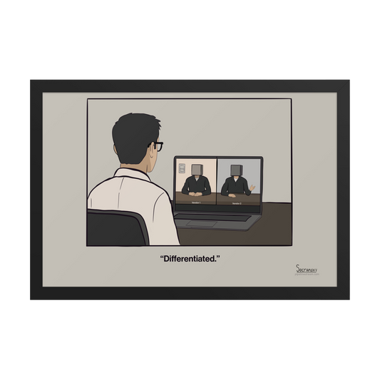 Differentiated enterprise sales cartoon poster showing two nearly identical SaaS vendors during a competitive vendor evaluation
