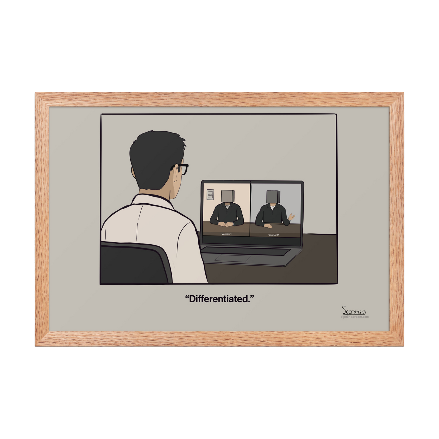 Framed sales cartoon about SaaS vendor differentiation and competitive evaluations in a red oak frame