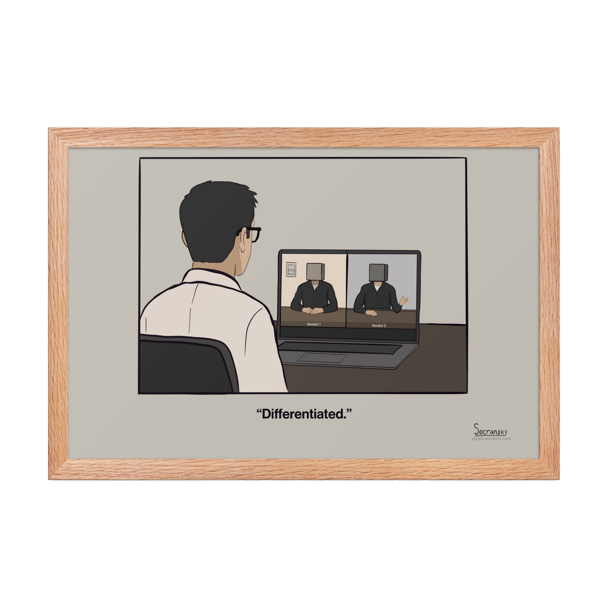 Framed sales cartoon about SaaS vendor differentiation and competitive evaluations in a red oak frame