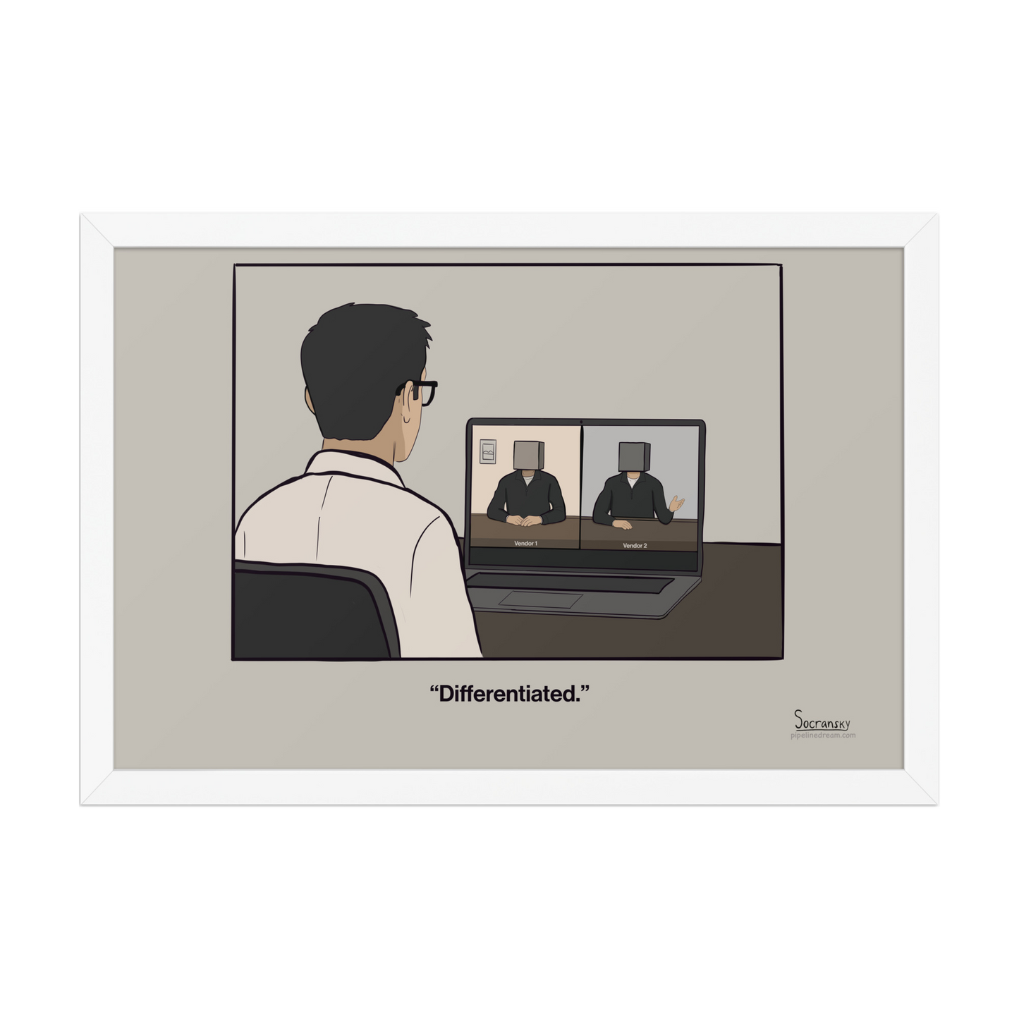 Funny sales poster about competitive sameness in enterprise sales shown in a white picture frame