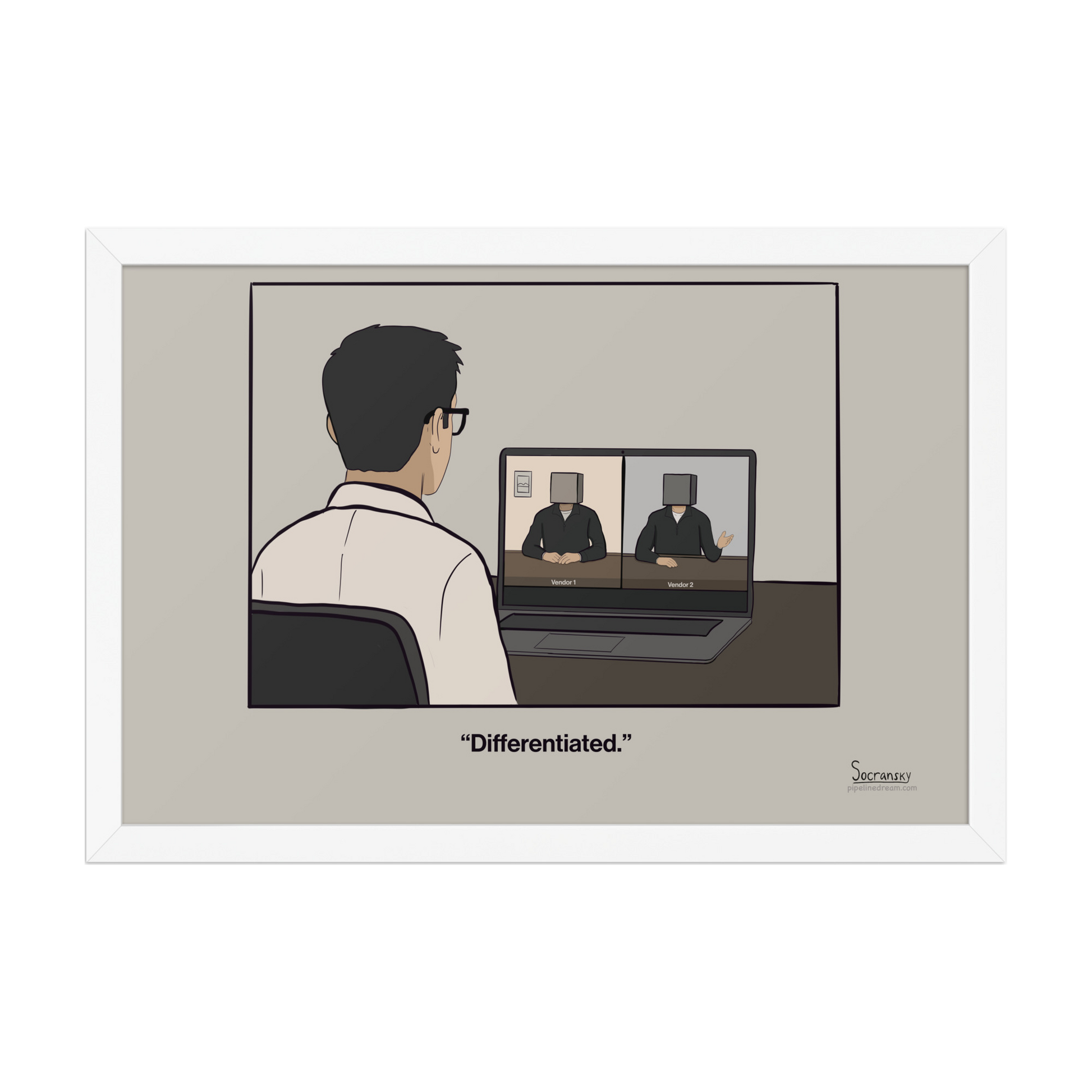 Funny sales poster about competitive sameness in enterprise sales shown in a white picture frame