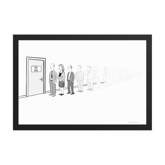 Discovery Meeting sales humor poster showing a long line of buyers outside a conference room door