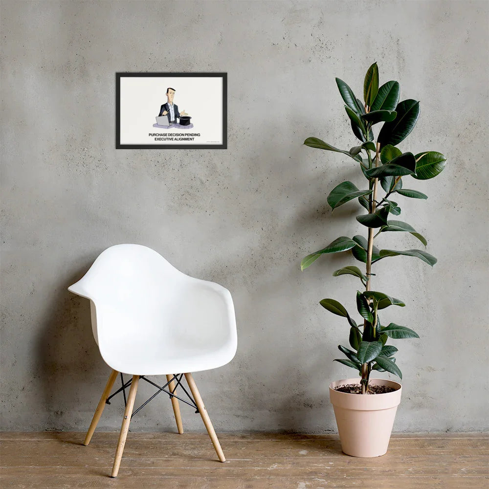 Executive alignment sales cartoon poster styled in office with chair and plant decor