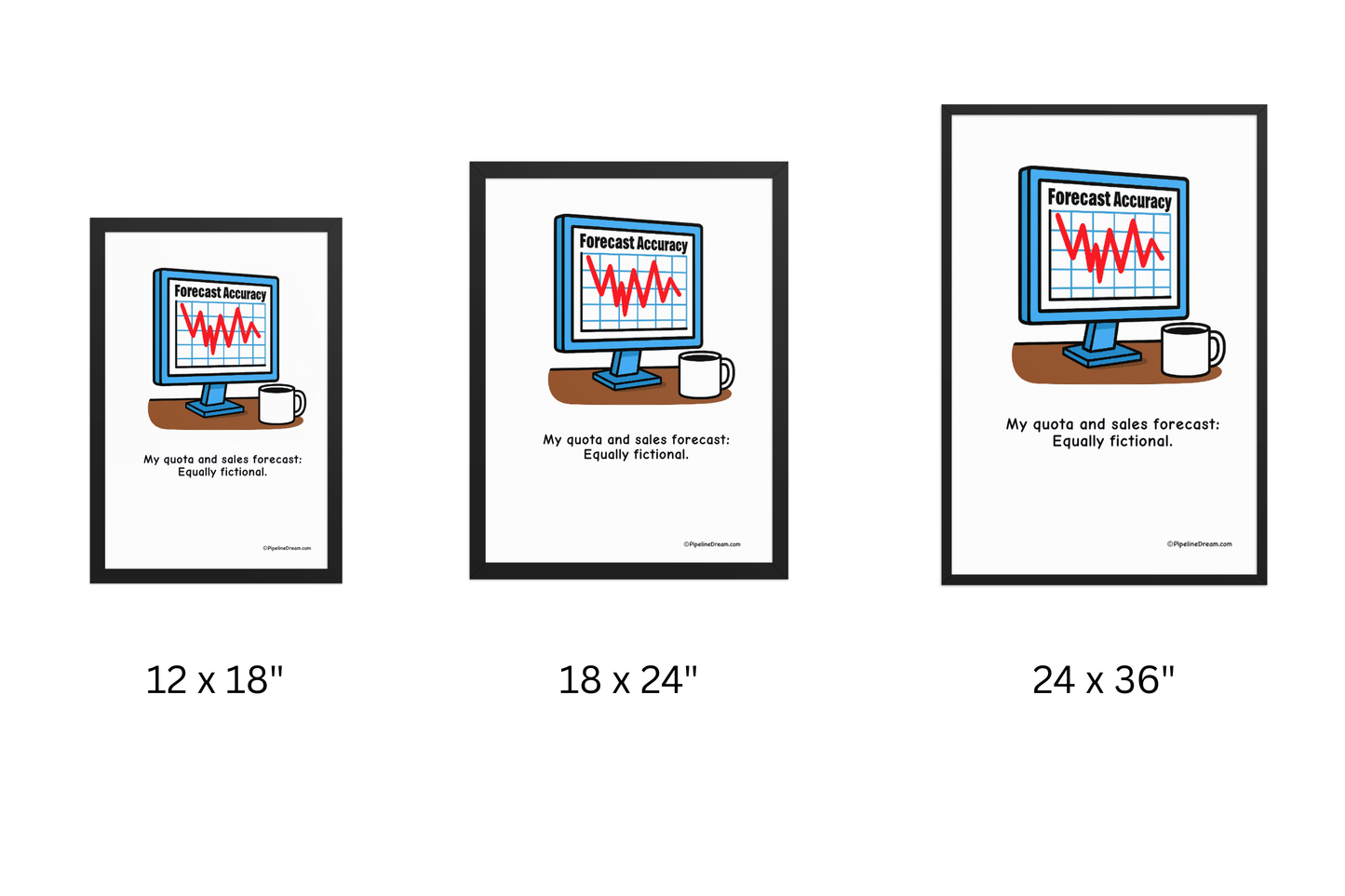 funny sales poster featuring “Forecast & Quota: Both Fictional” - three sizes side by side - Pipeline Dream