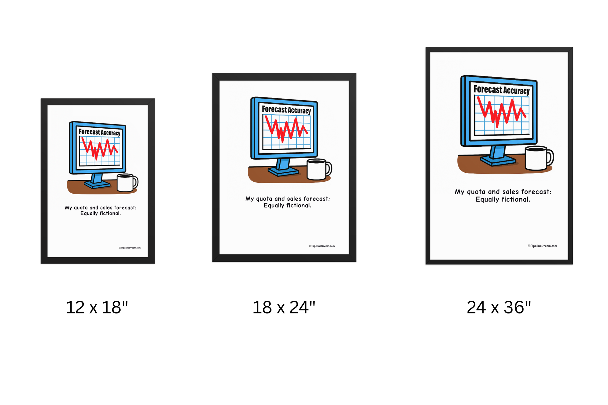 funny sales poster featuring “Forecast & Quota: Both Fictional” - three sizes side by side - Pipeline Dream