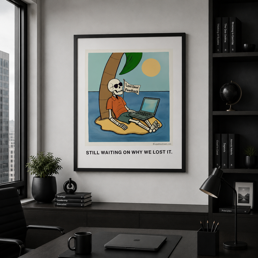 funny office wall art on wall showing lost deal feedback cartoon scene