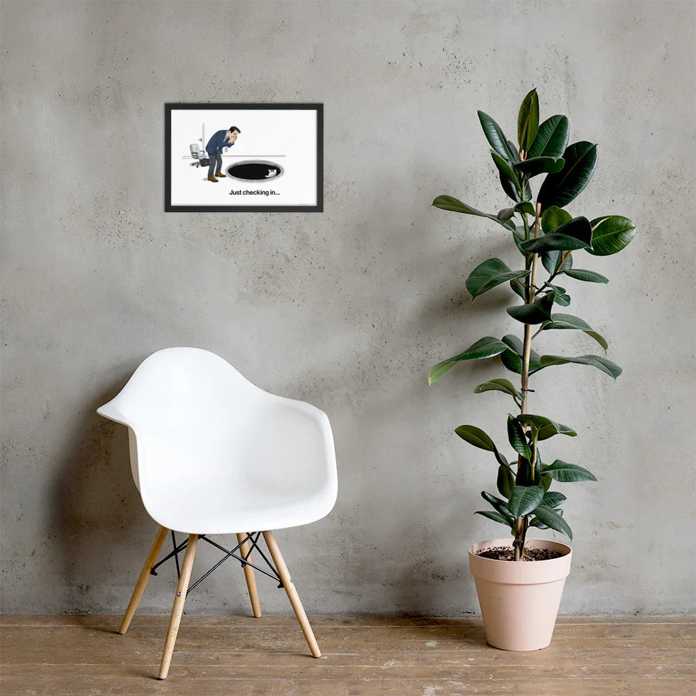 funny office wall art sales poster in modern office with chair and plant