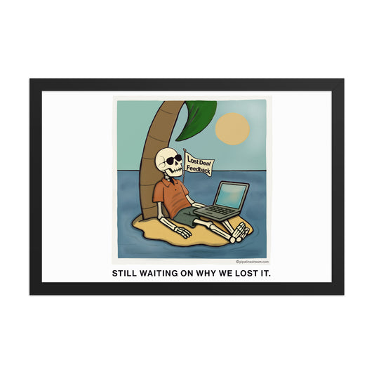 funny sales poster showing skeleton on island with laptop and lost deal feedback flag in black frame