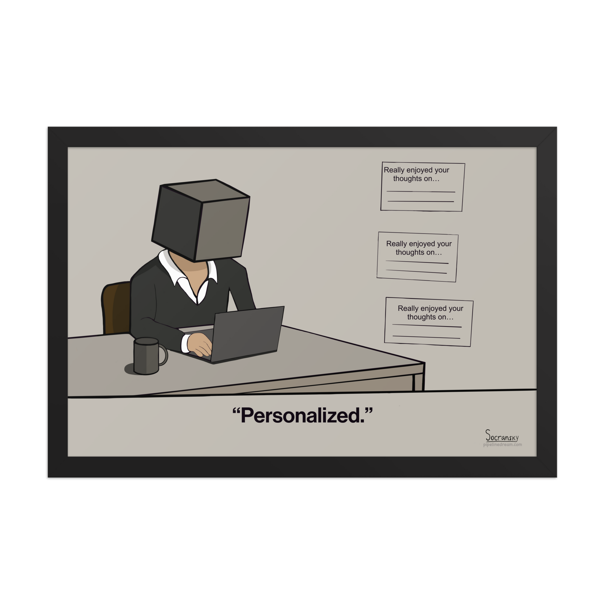 Framed sales cartoon in black frame featuring repetitive outbound sales emails