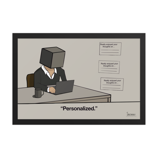 Framed sales cartoon in black frame featuring repetitive outbound sales emails