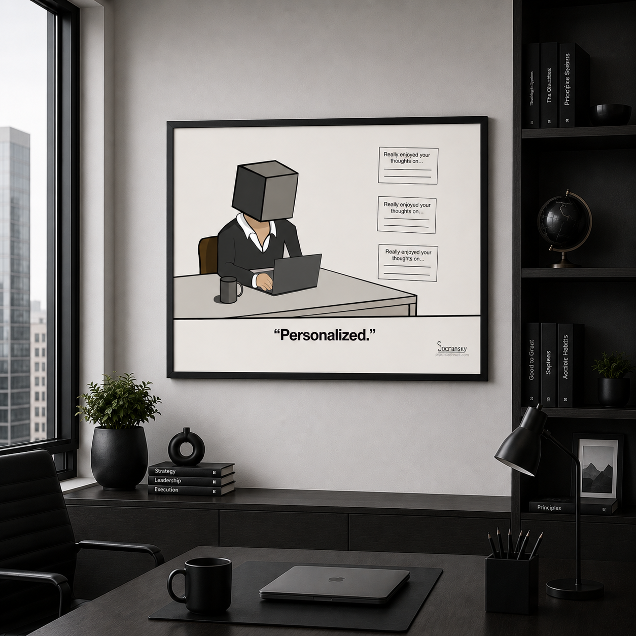 Framed funny sales poster displayed in a modern executive office workspace