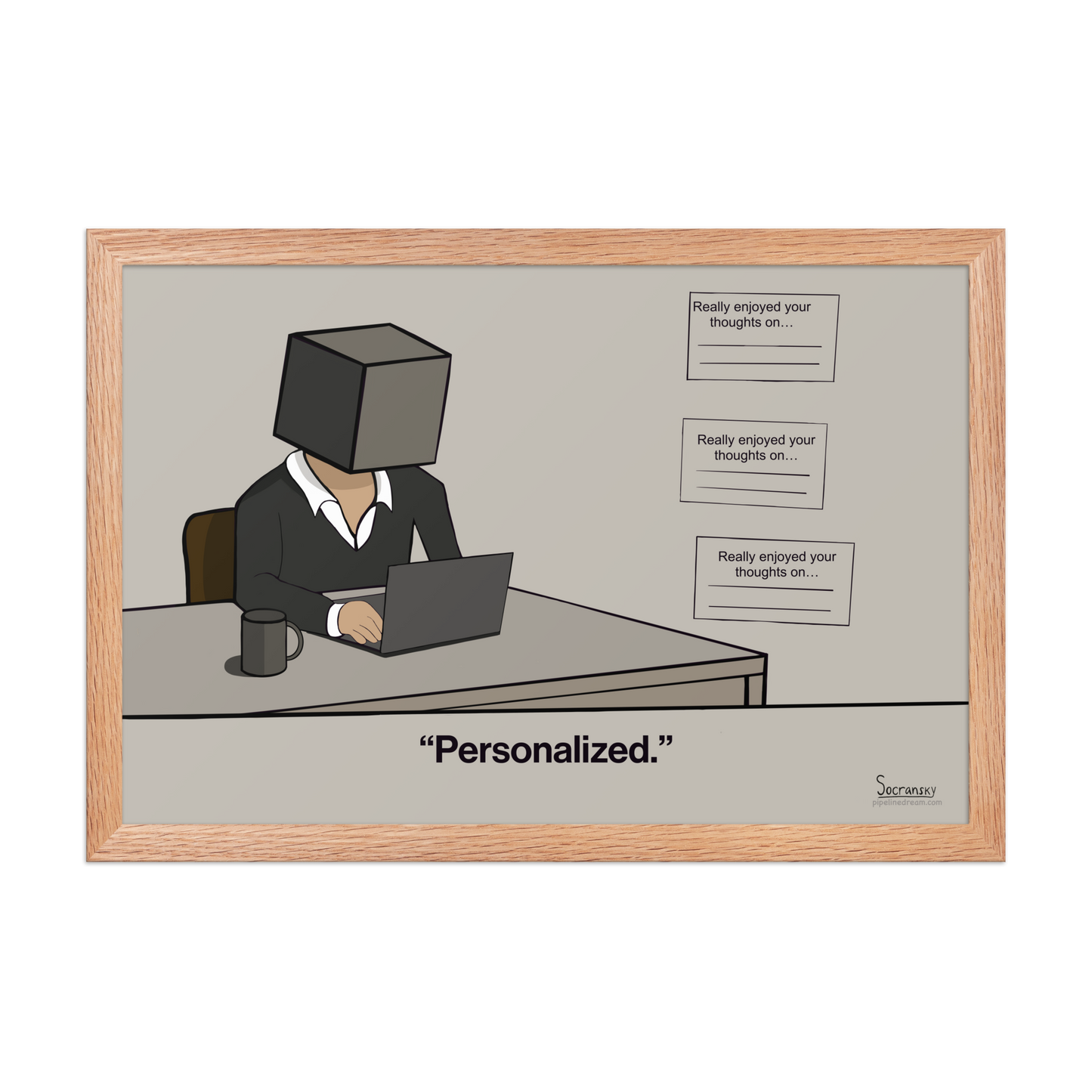 Framed sales cartoon in red oak frame featuring repetitive outbound sales emails